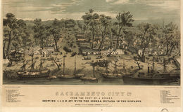 E65 - Sacramento City California from the foot of J Street Showing  J and K Sts with the Sierra Nevada in the Distance - 1850