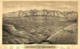 E65 - Birds Eye View of Santa Barbara California 1877 Looking North to the Santa Barbara Mountains