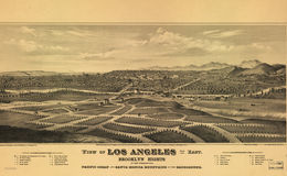 E65 - View of Los Angeles from the east Brooklyn Hights in the foreground Pacific Ocean and Santa Monica Mountains in the background